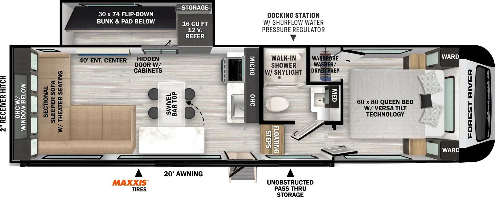 The Impression 238RLVIEW floorplan has one entry and one slide out. Exterior features include: fiberglass exterior and 20' awning. Interiors features include: bunk beds, front bedroom and rear living.